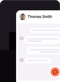 Partial chat interface showing a profile picture with the name Thomas Smith and several blurred message bubbles on a white card with a red chat icon.