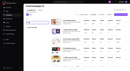 Dashboard interface showing a list of email campaigns with columns for recipients, opened, clicked, bounced, and revenue, including campaign thumbnails and statuses.