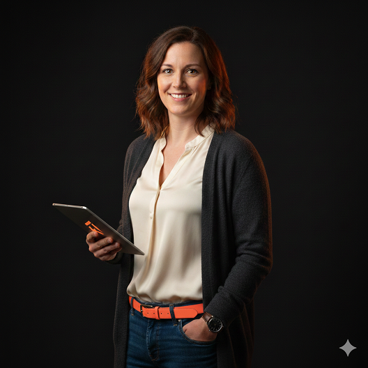 Smiling woman in white blouse and dark cardigan holding a tablet against black background.