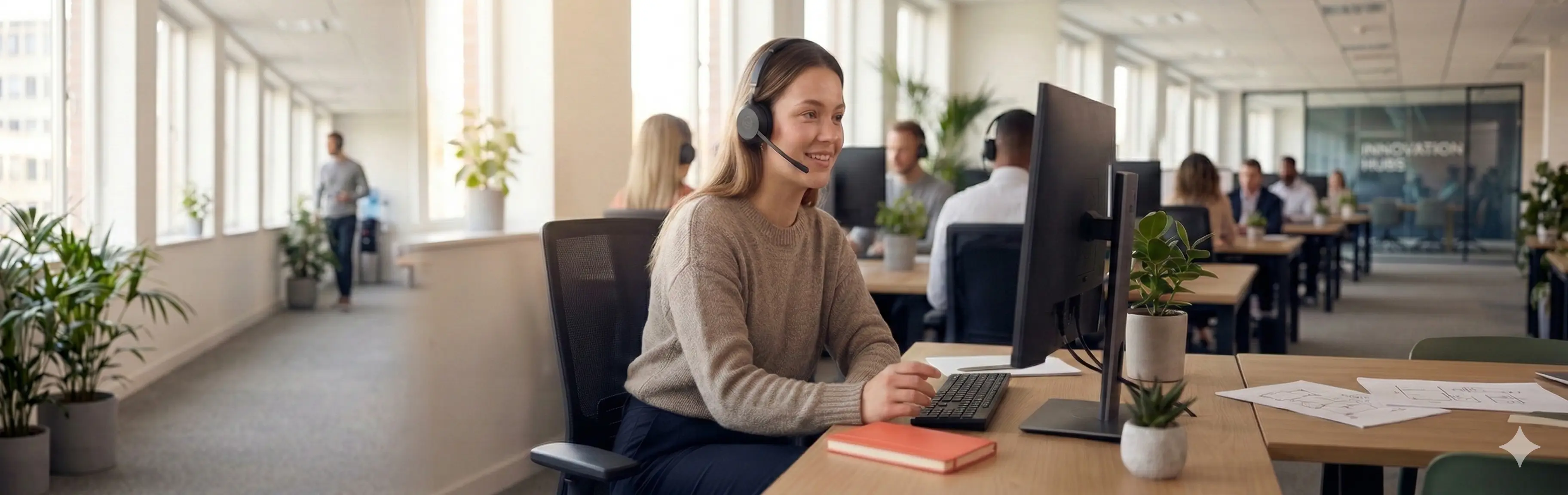 Woman with headset smiling at computer in modern open office with coworkers and plants.