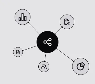 Central node with sharing icon connected to five icons: bar chart, list, pie chart, user group, and document.