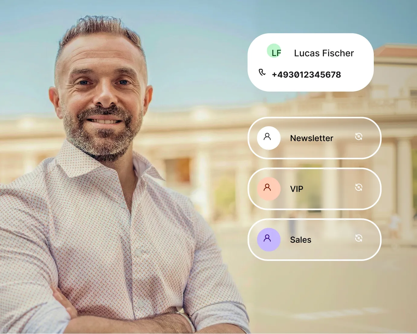Smiling man with folded arms near contact info and labeled buttons: Newsletter, VIP, Sales.