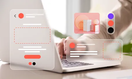 Person typing on laptop with UI design elements overlay including color palette and layout blocks.