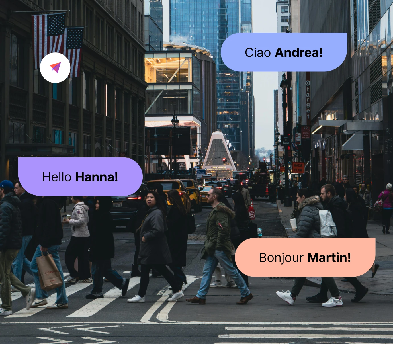 Busy city street with people crossing a crosswalk and text bubbles greeting Andrea, Hanna, and Martin.
