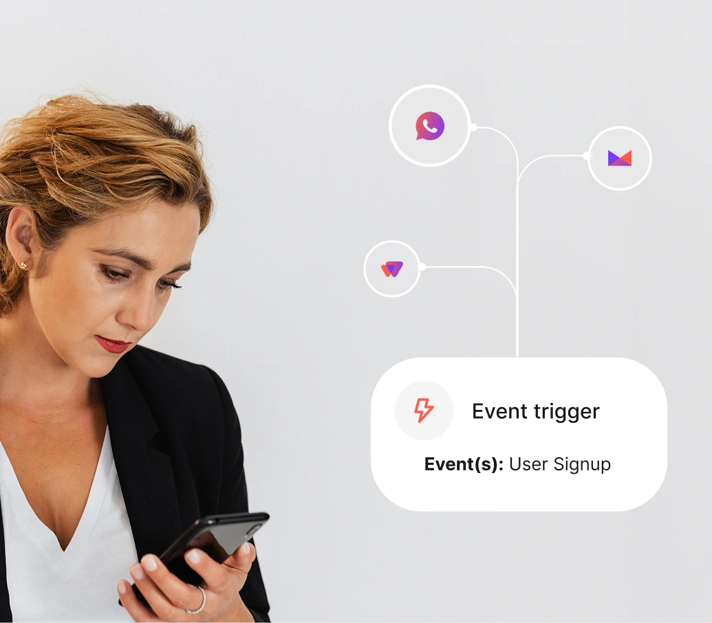 Woman in black blazer looking at phone with graphic showing user signup event trigger and icons.