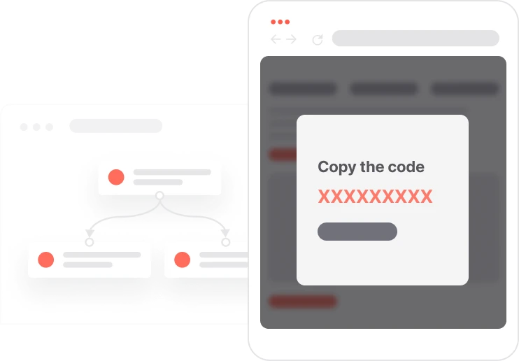 Browser window showing a popup with text 'Copy the code' and placeholder code in red.
