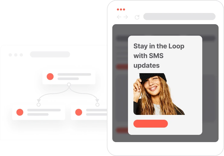 Website mockup showing a smiling woman and a message about staying in the loop with SMS updates.