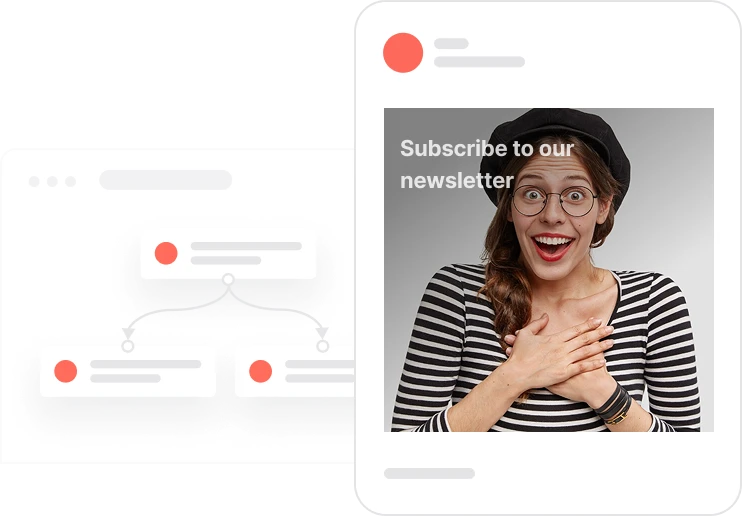 Smiling woman in glasses and striped shirt with hands on chest, text says Subscribe to our newsletter.