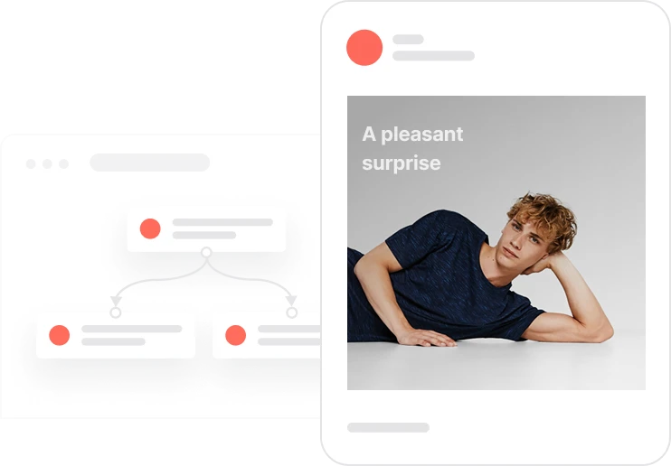 Young man lying on side wearing a dark blue shirt with text 'A pleasant surprise' in a social media style card.