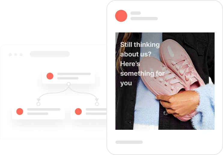 Person holding pink sneakers with text: Still thinking about us? Here's something for you.