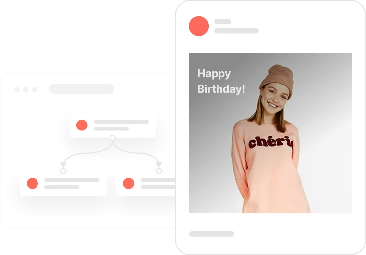 Smiling woman in peach sweater and brown beanie with text 'Happy Birthday!' on social media card.