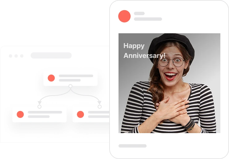 Surprised woman in glasses and beret with hand on chest and 'Happy Anniversary!' text on screen.