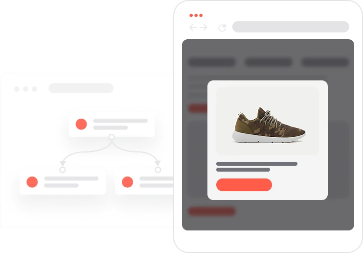 Web interface showing AI recommendation pop-up with a camo sneaker and promotional call-to-action button.