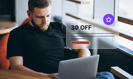 Man using laptop with a digital coupon overlay showing 30% off and code MYCOUPON30.