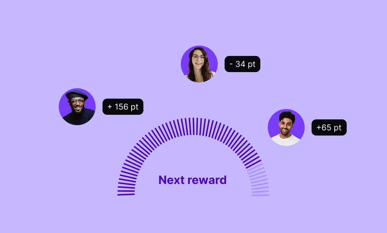Three smiling people around a semicircle chart with points showing reward progress.