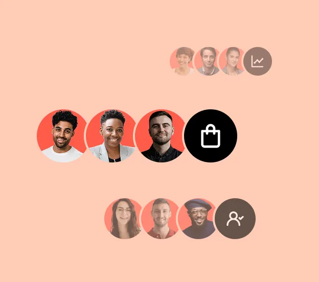 Three groups of people icons with dark circles and icons symbolizing shopping and user activity on peach background.