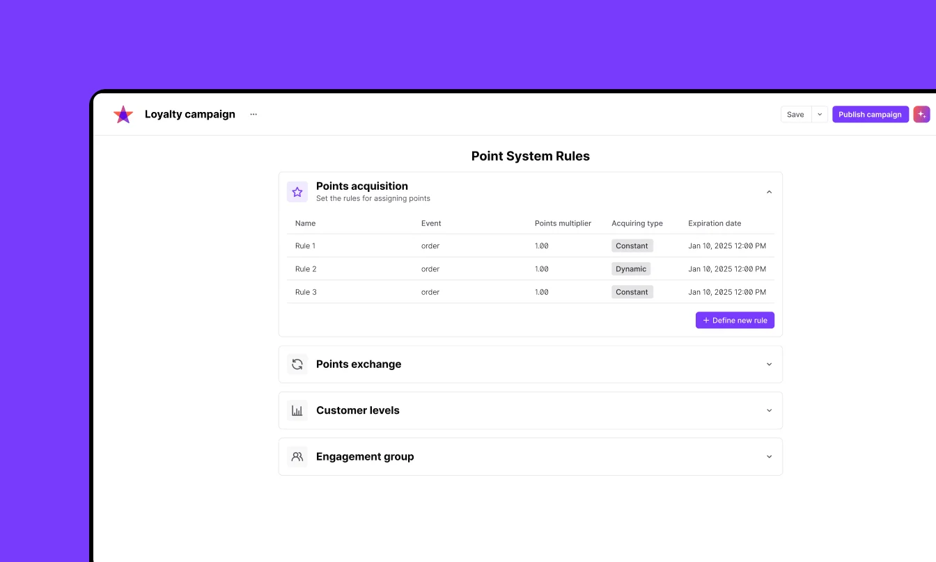 Loyalty campaign interface showing point system rules with three rules for order events and their multipliers.