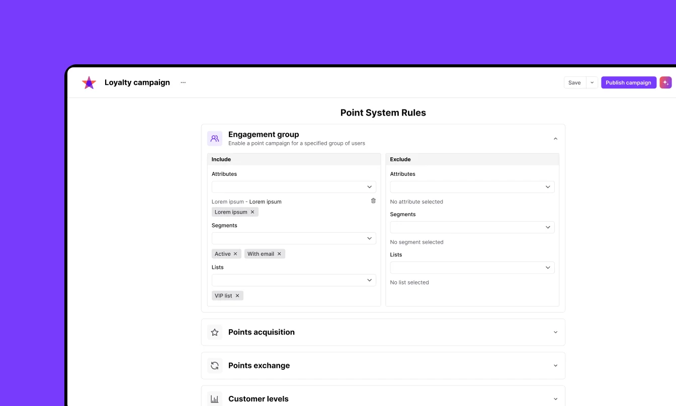 Loyalty campaign dashboard showing Point System Rules with Engagement group inclusion and exclusion settings.