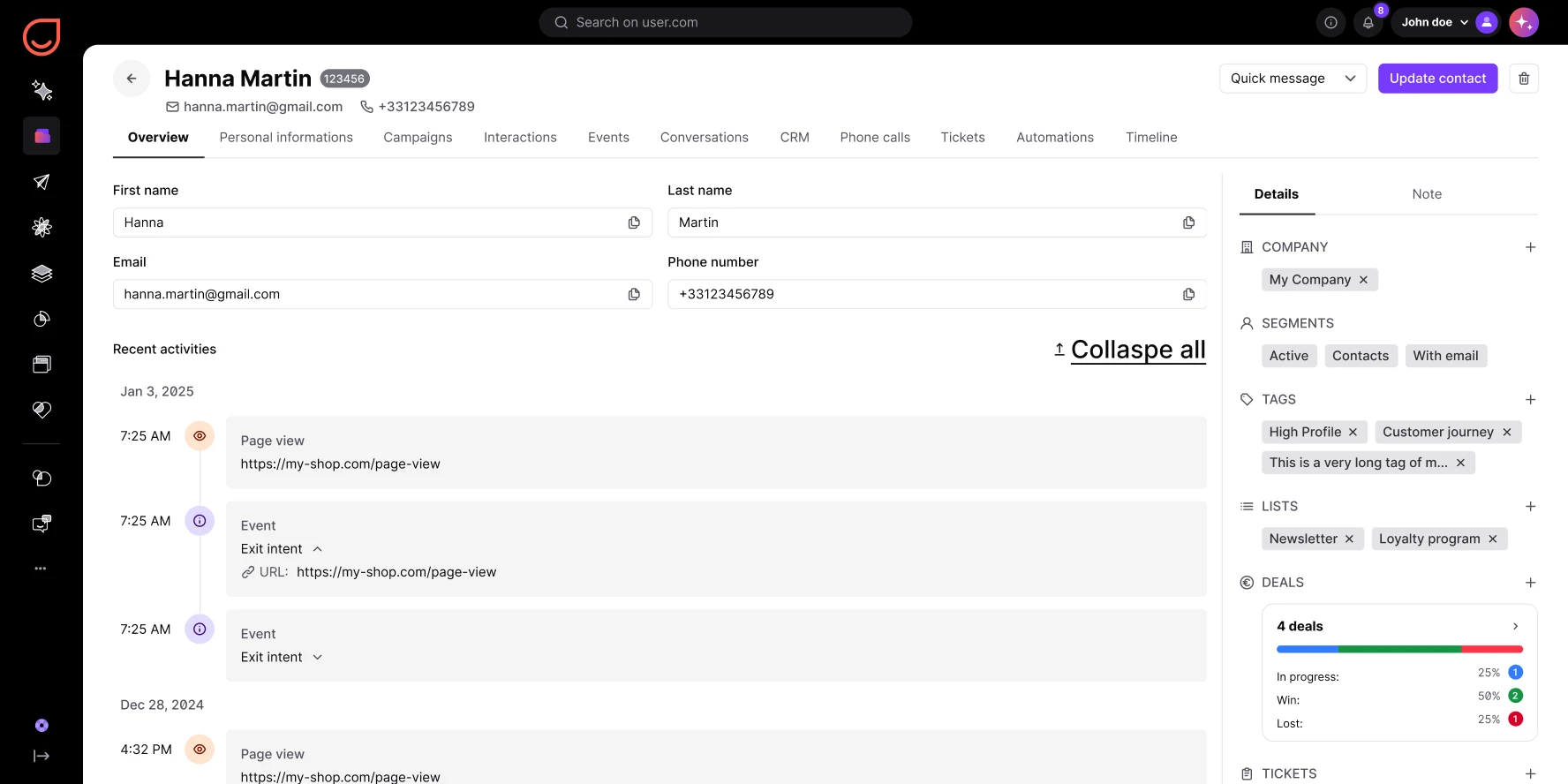 CRM interface showing contact Hanna Martin's details, recent activities, tags, segments, deals, and notes.