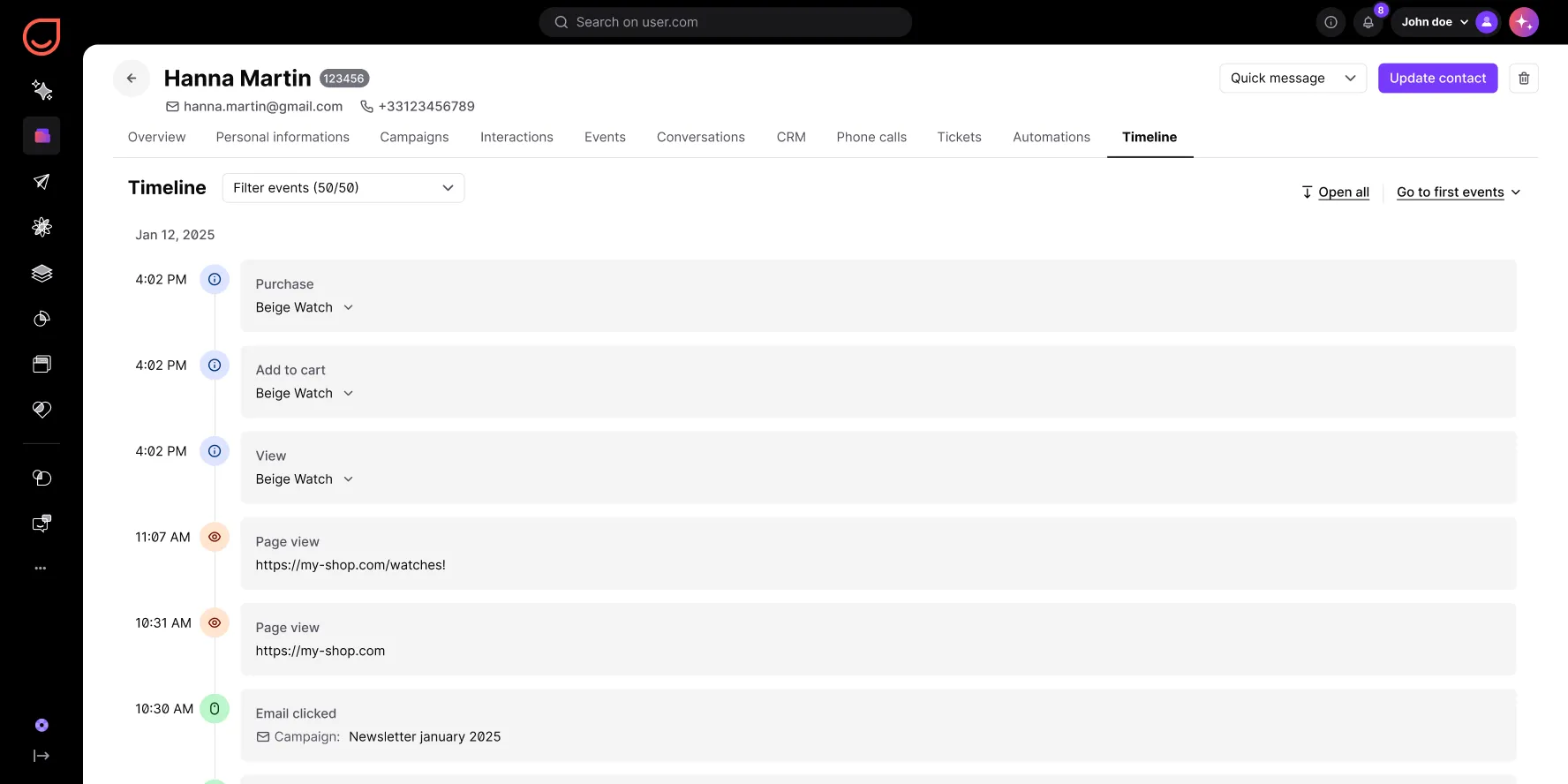Customer timeline shows Hanna Martin's interactions including page views, email click, and product actions on Jan 12, 2025.