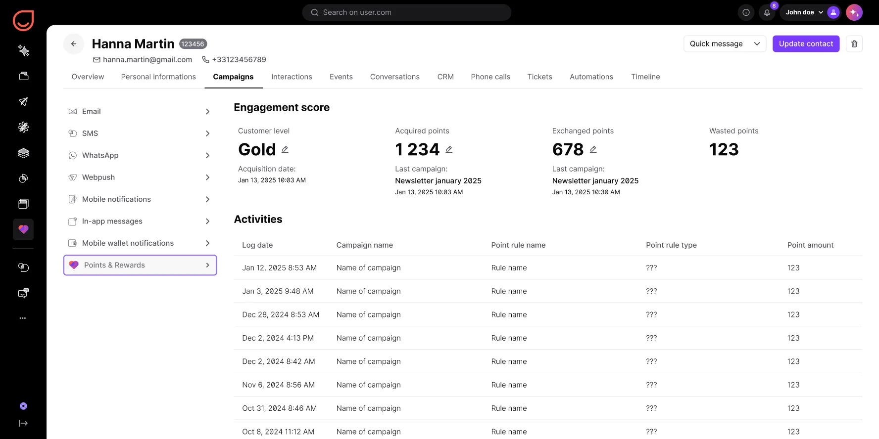 User interface showing Hanna Martin's engagement score with points details and campaign activity log.