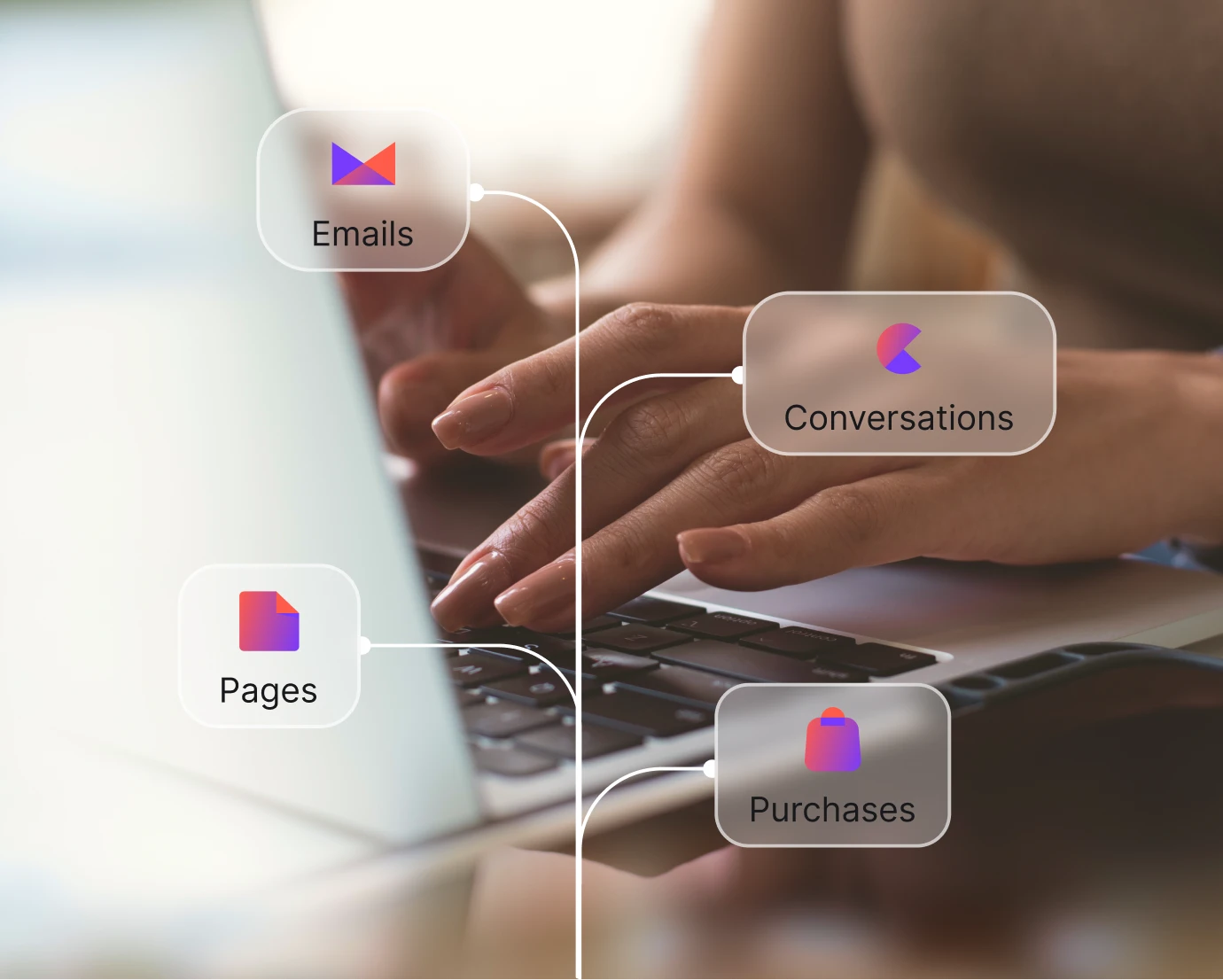 Hands typing on laptop keyboard with floating icons labeled Emails, Conversations, Pages, and Purchases.