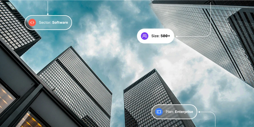View looking up at skyscrapers with labels showing Sector: Software, Size: 500+, Plan: Enterprise.