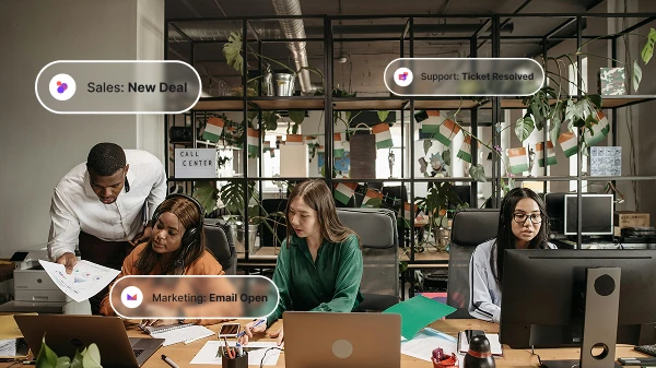 Four office workers at desks using laptops and computers with sales and support alerts displayed.
