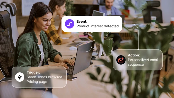 Woman on laptop with overlays showing trigger, event, and action for personalized email automation.