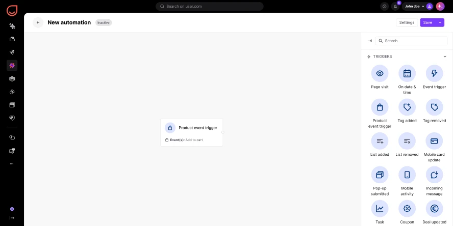 Automation interface showing triggers like page visit, event trigger, tag added, and product event trigger for add to cart.