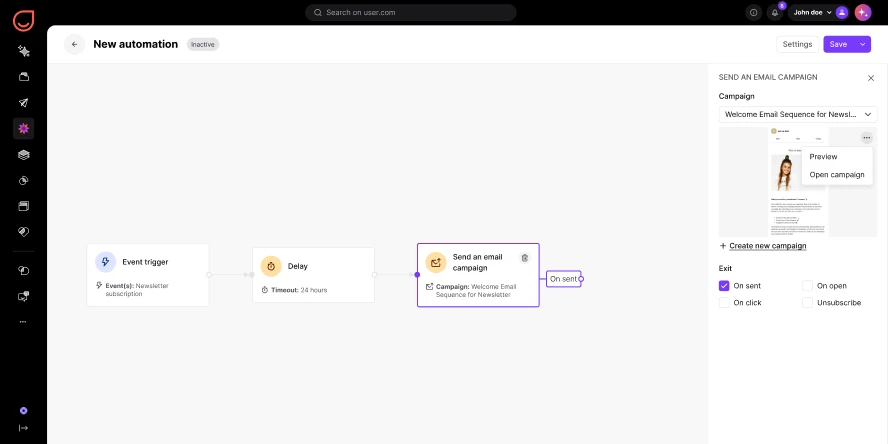 Automation workflow with event trigger, 24-hour delay, and sending a welcome email campaign.