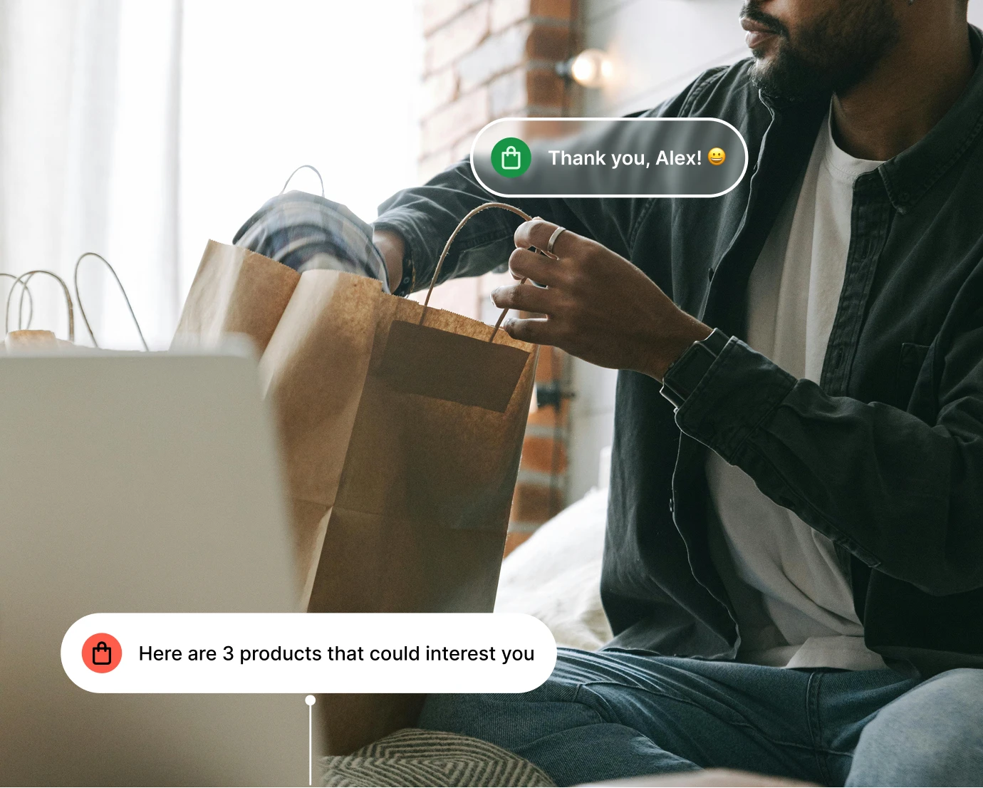 Man seated indoors holds a paper shopping bag with text bubbles about product suggestions and thanks.