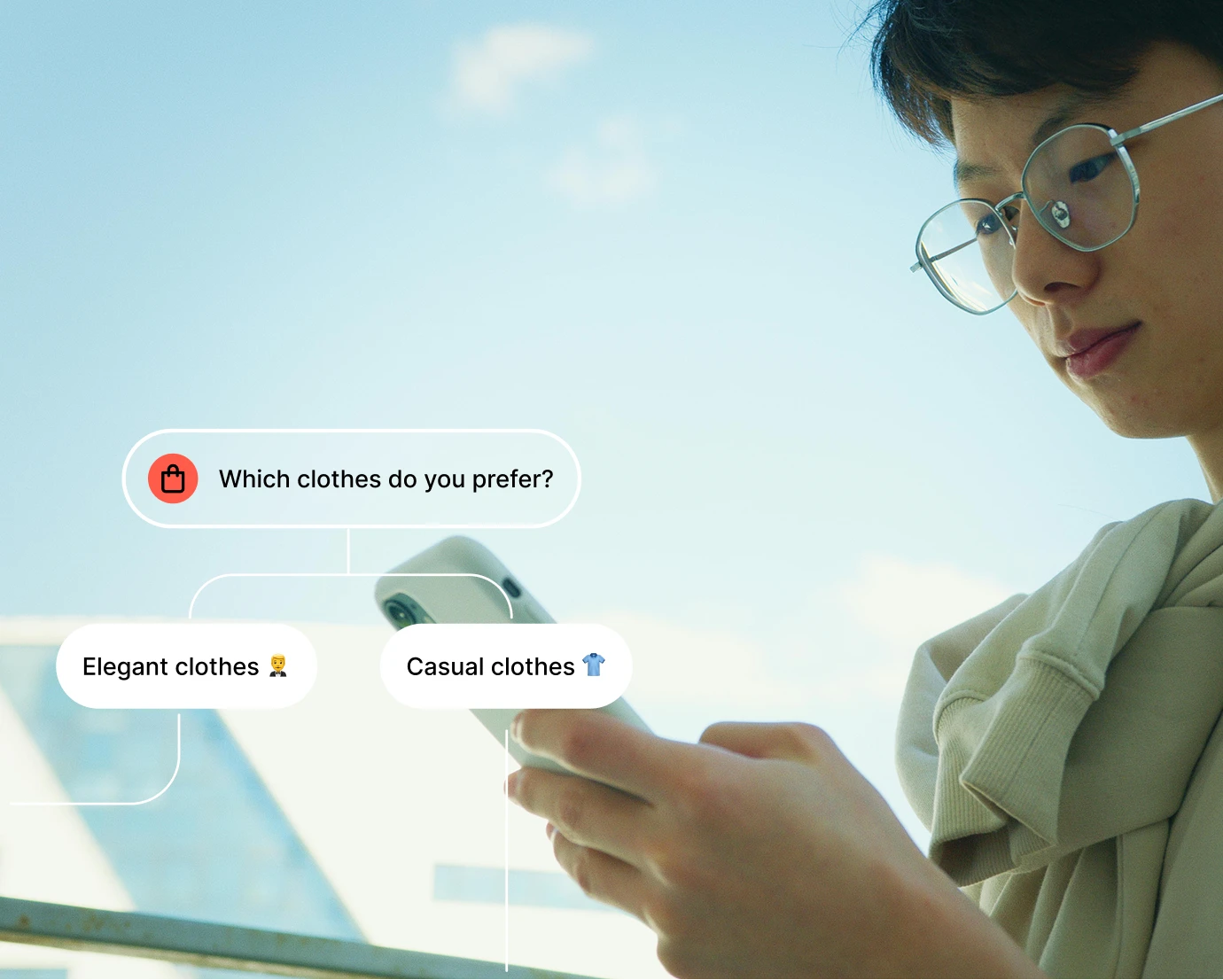 Person with glasses looking at a phone showing a clothing preference poll with elegant and casual options.