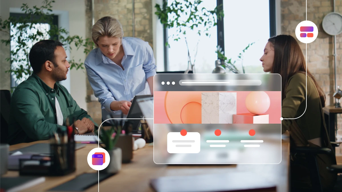 Three coworkers discussing a project around a table with digital web design overlay in an office.