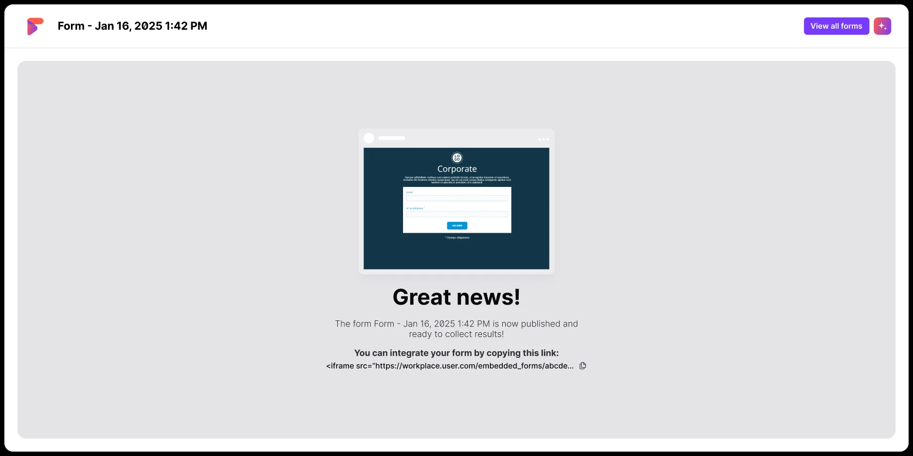 Screen shows confirmation that a corporate form published on Jan 16, 2025, is ready to collect results.