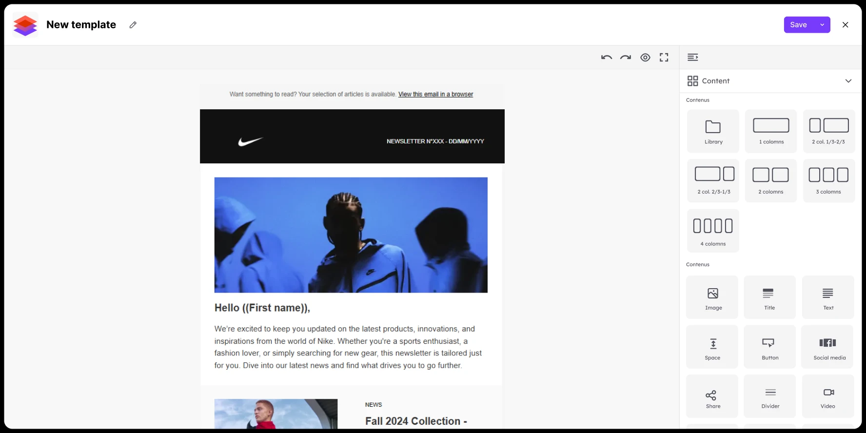 Email template editor showing a Nike newsletter draft with images, text, and content block options.