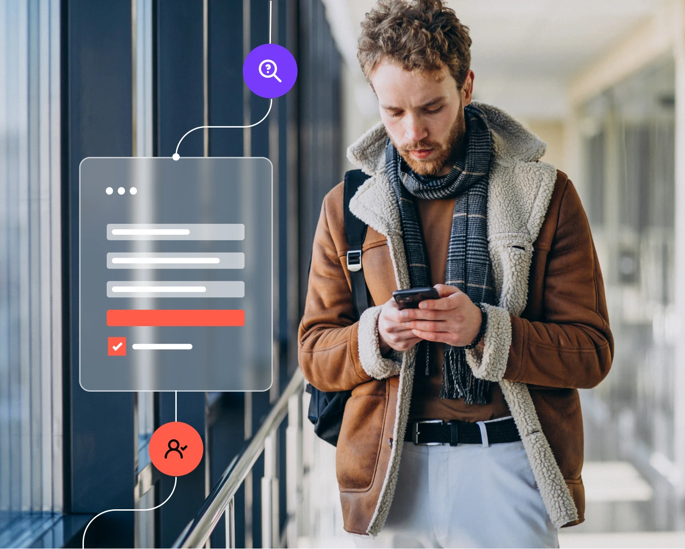 Man wearing brown shearling jacket and scarf looks at phone with graphic interface overlays nearby.