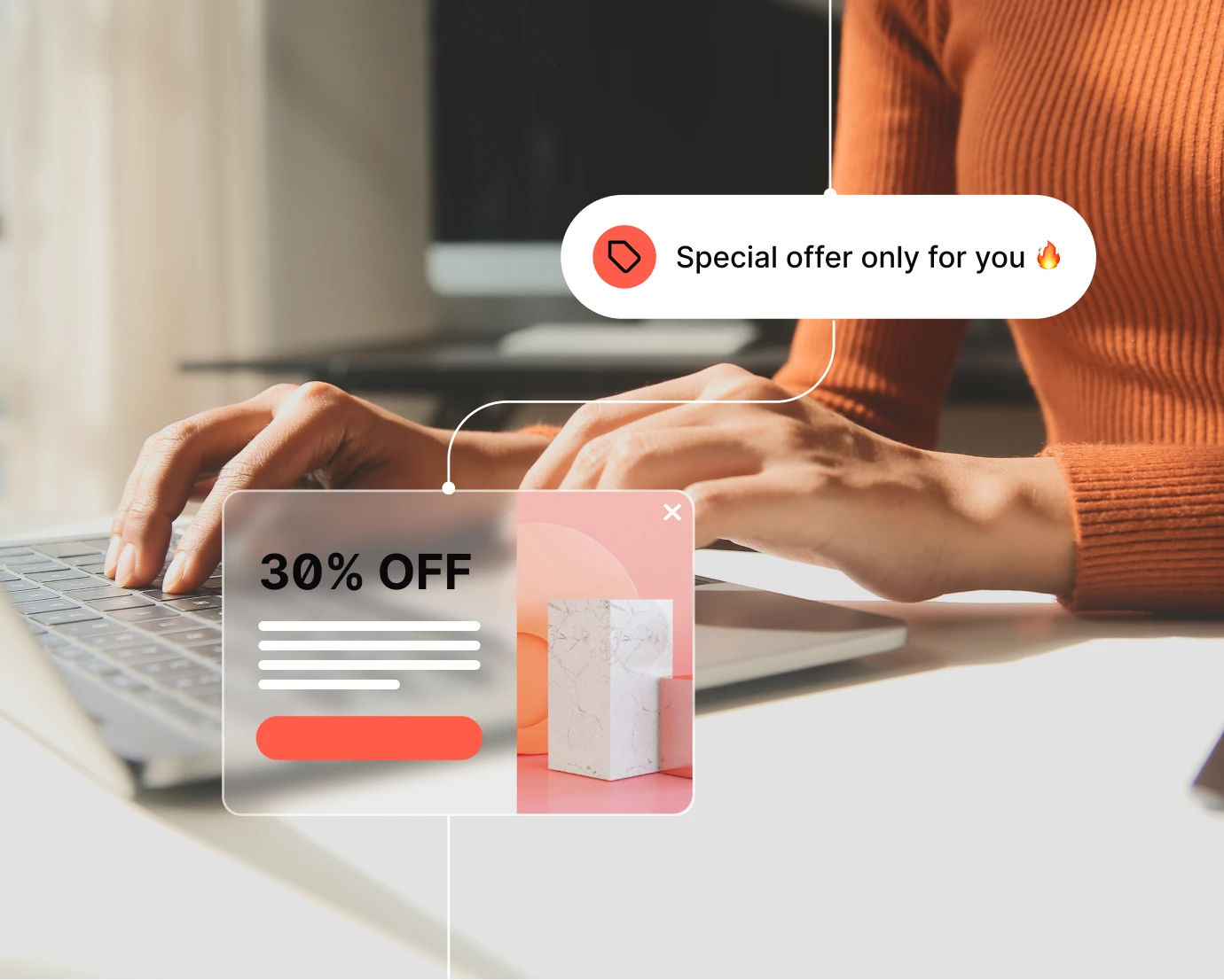 Person typing on laptop with promotion popup offering 30% off and special offer message.