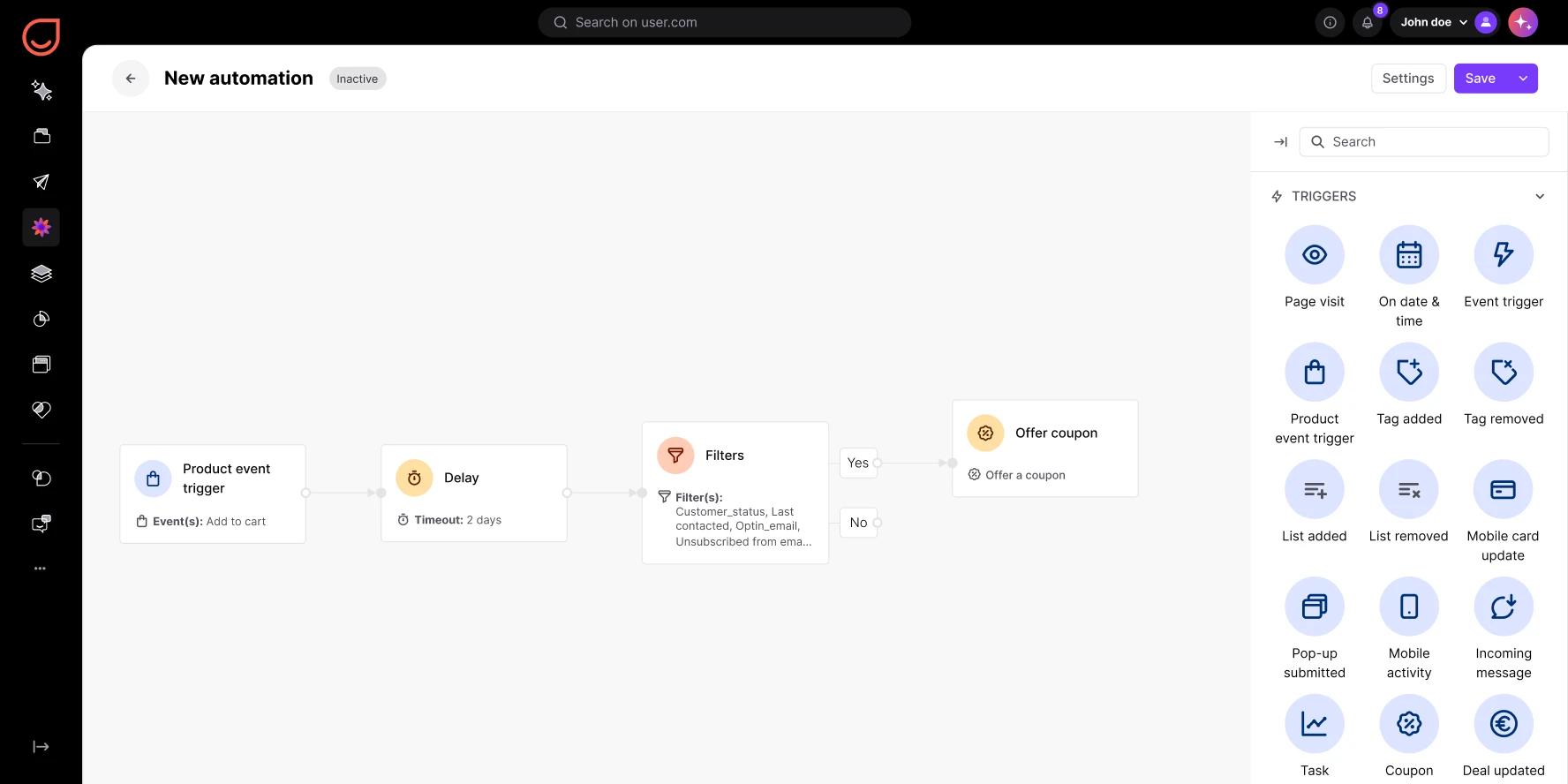 Automation workflow with triggers, delay, filters, and a coupon offer action in a software interface.