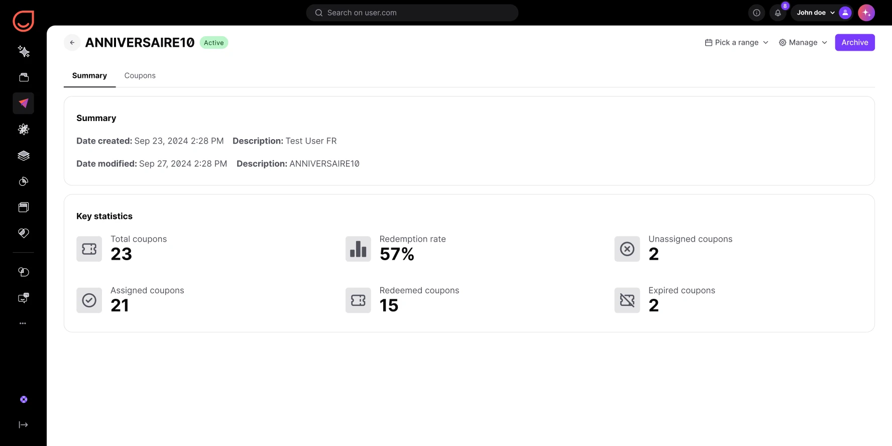 Dashboard showing coupon stats: 23 total, 21 assigned, 15 redeemed, 57% redemption rate, 2 unassigned, 2 expired.