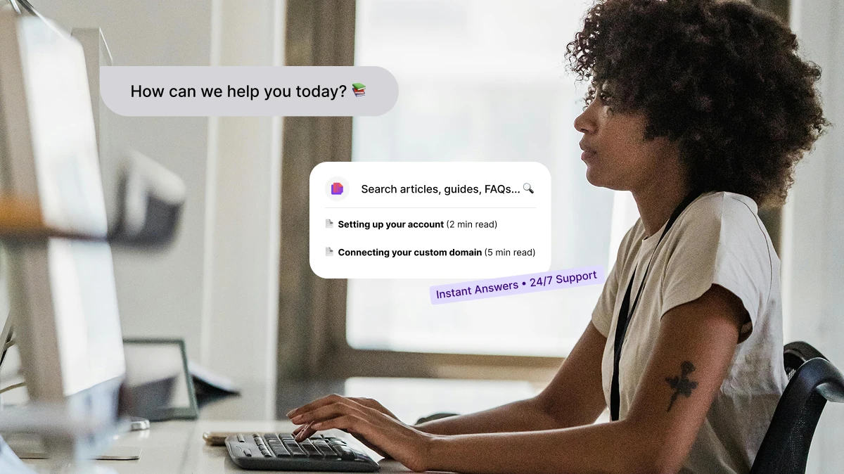 Woman at computer with chat asking 'How can we help you today?' and support search results on screen.