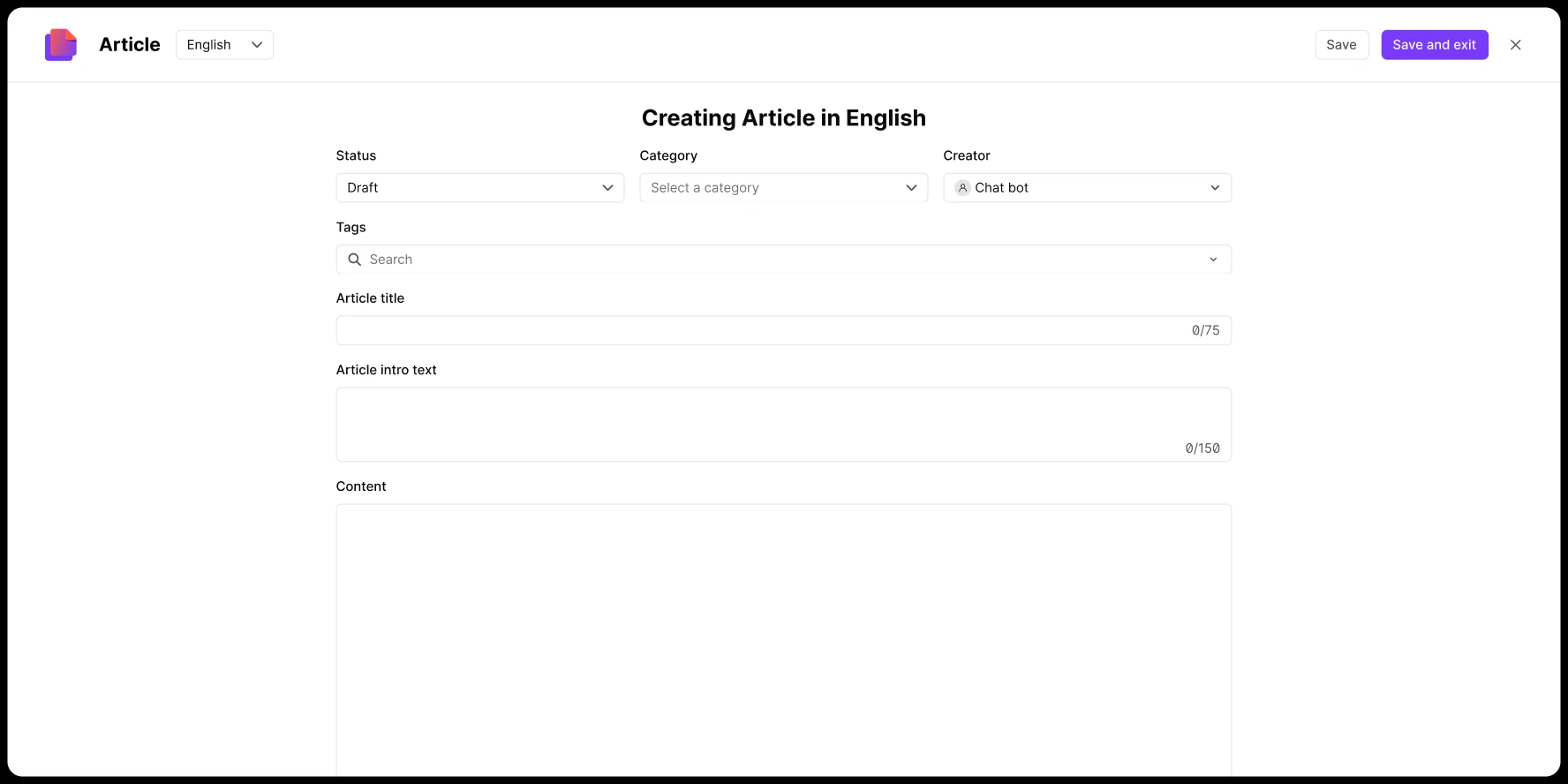Article creation form in English with fields for status, category, creator, tags, title, intro, and content.