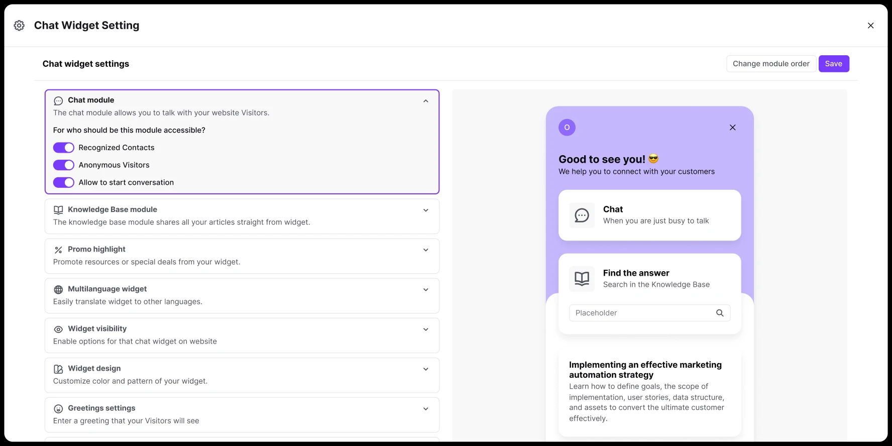Chat widget setting screen with modules for chat, knowledge base, promo, language, visibility, design, and greetings.