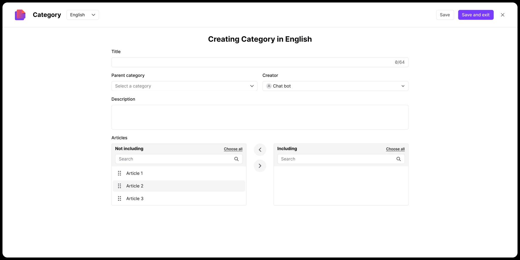 Form titled Creating Category in English with fields for title, parent category, creator, description, and article selection.