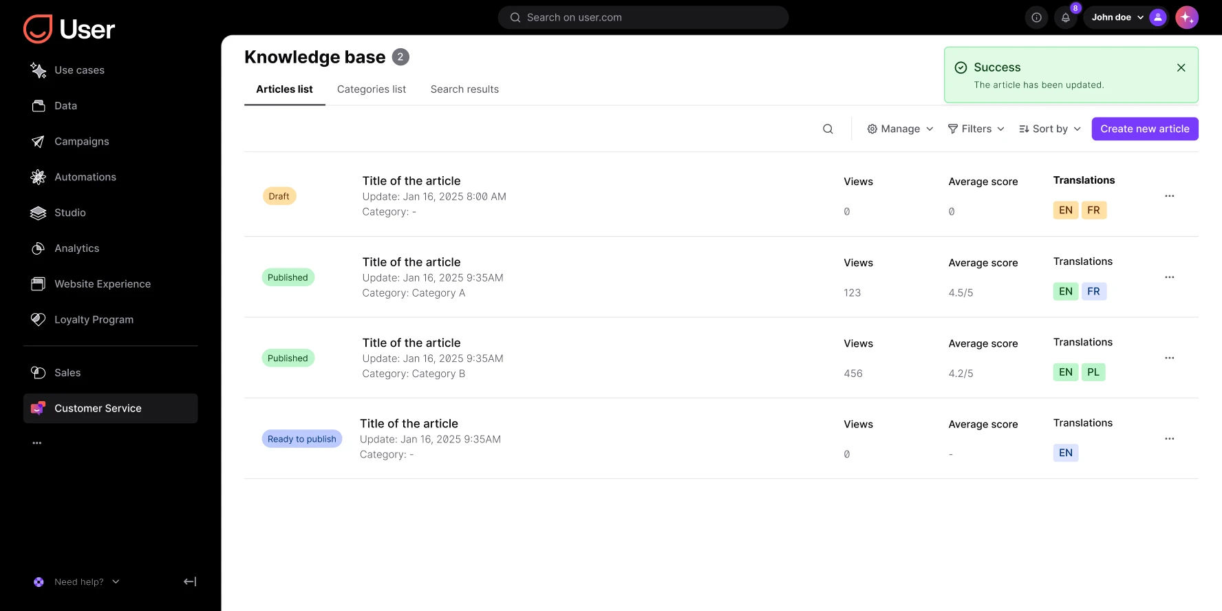 Knowledge base dashboard showing article statuses, views, scores, and translation options in a user interface.