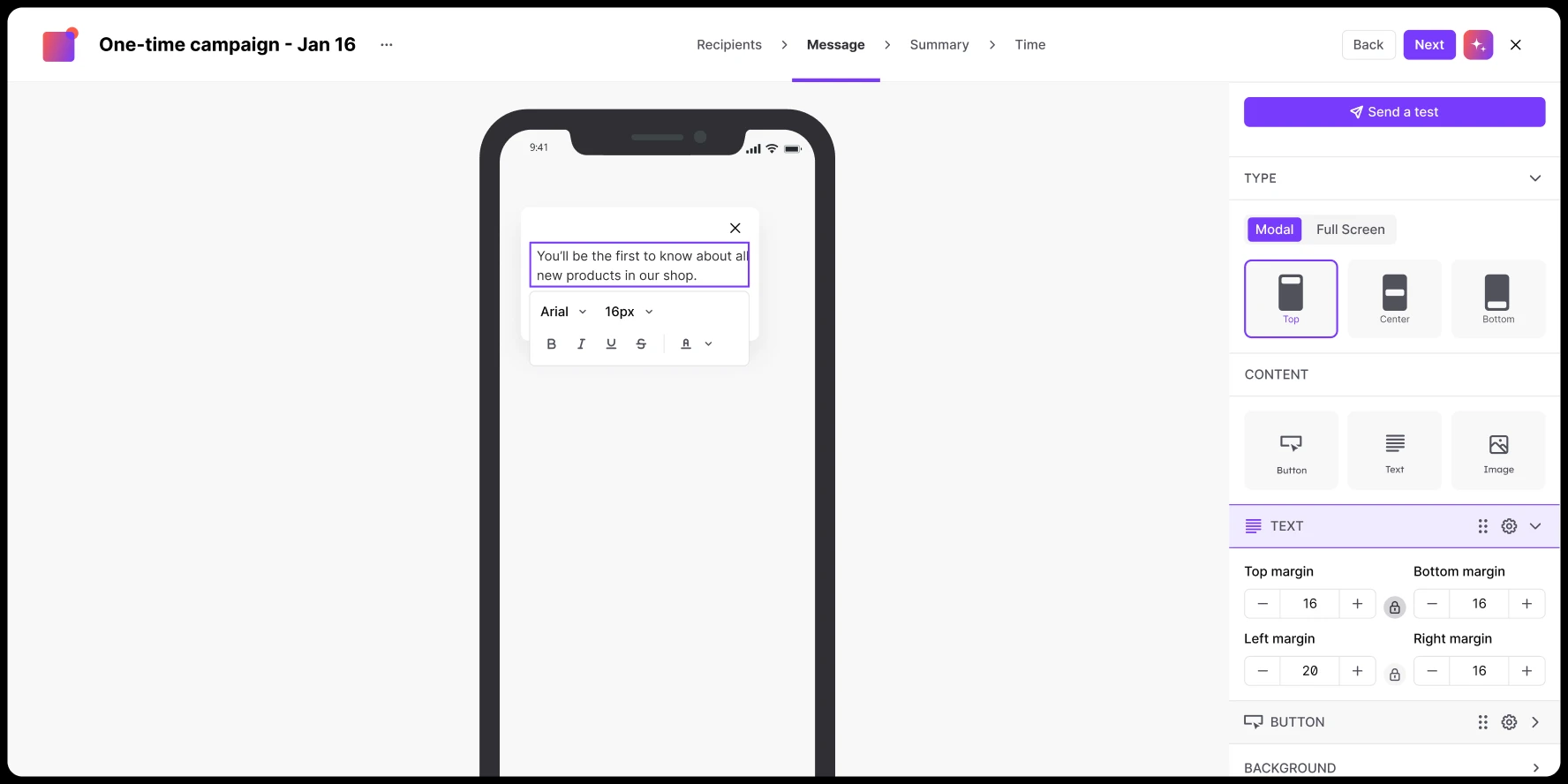 Mobile builder interface showing a modal message editing panel with text about new products.
