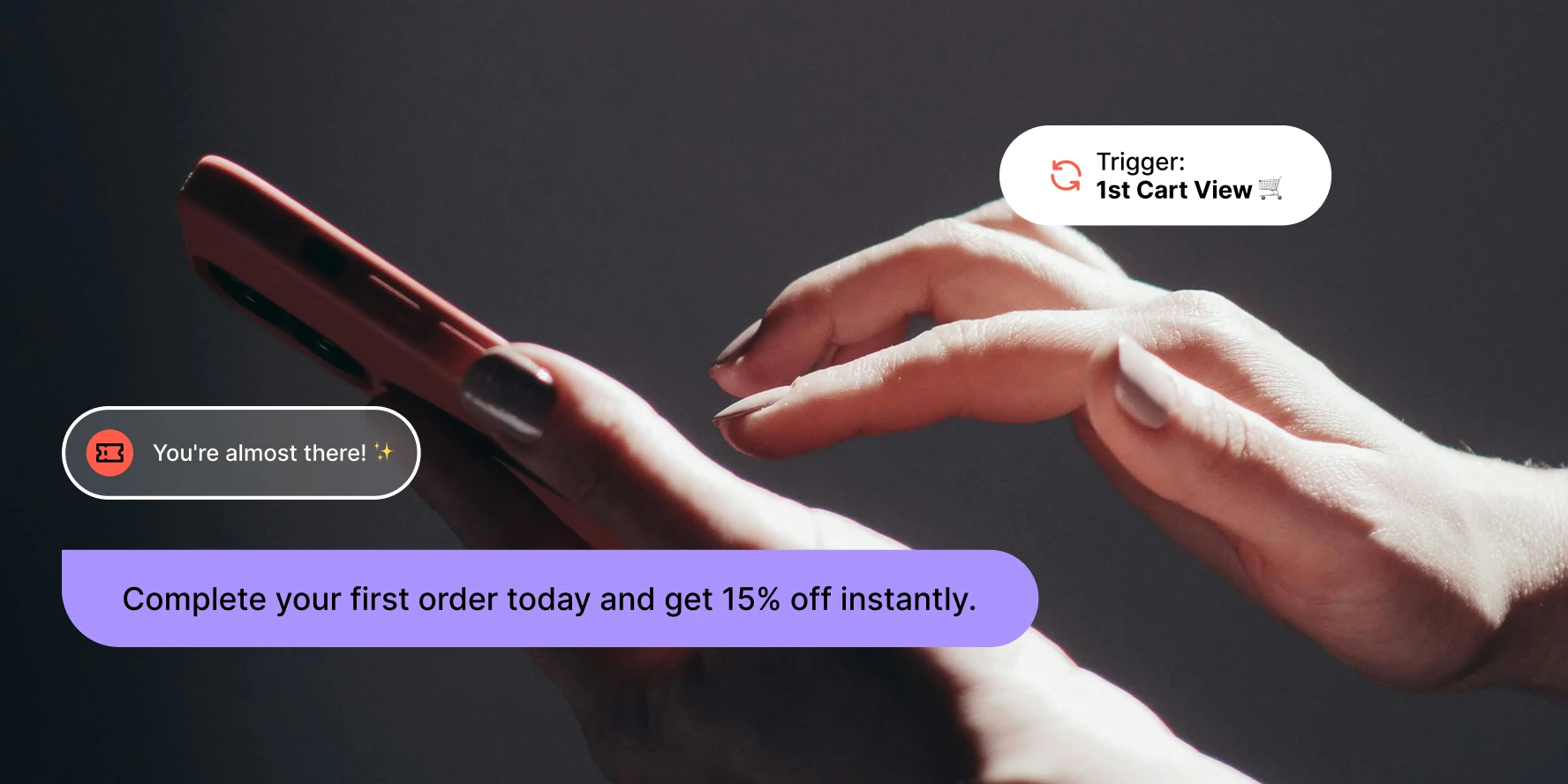 Person holding smartphone with in-app messages about a 15% discount on first order completion.