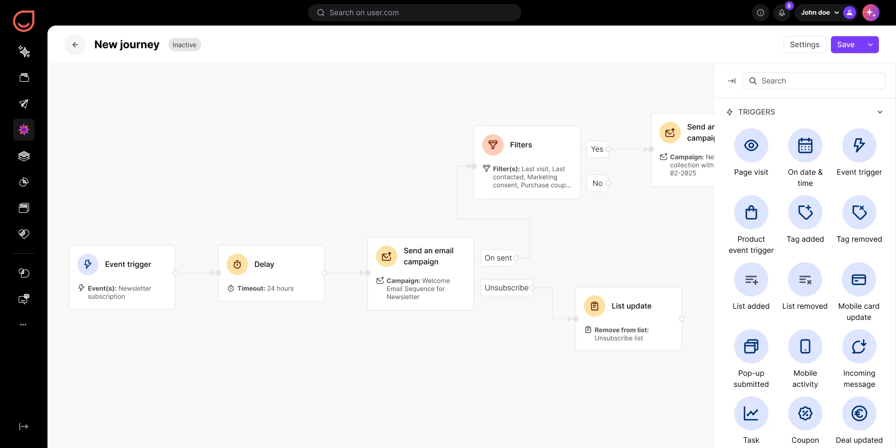 Visual journey builder showing triggers, delays, email campaigns, filters, and list updates workflow.