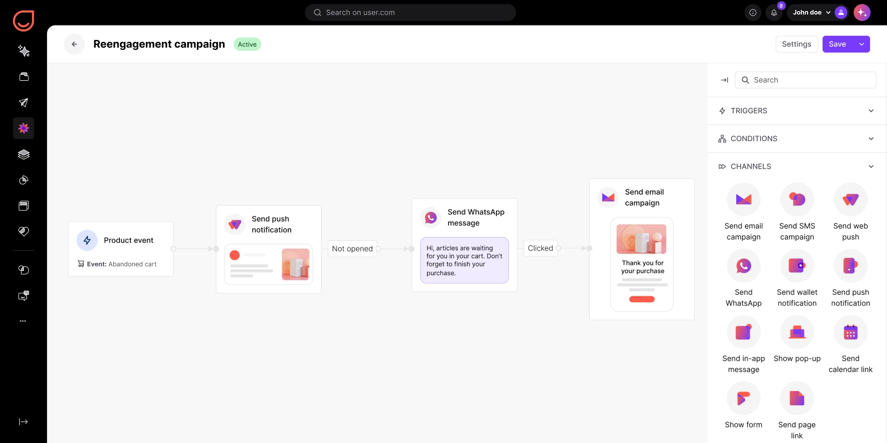 Workflow diagram for reengagement campaign showing abandoned cart triggers with push, WhatsApp, and email steps.