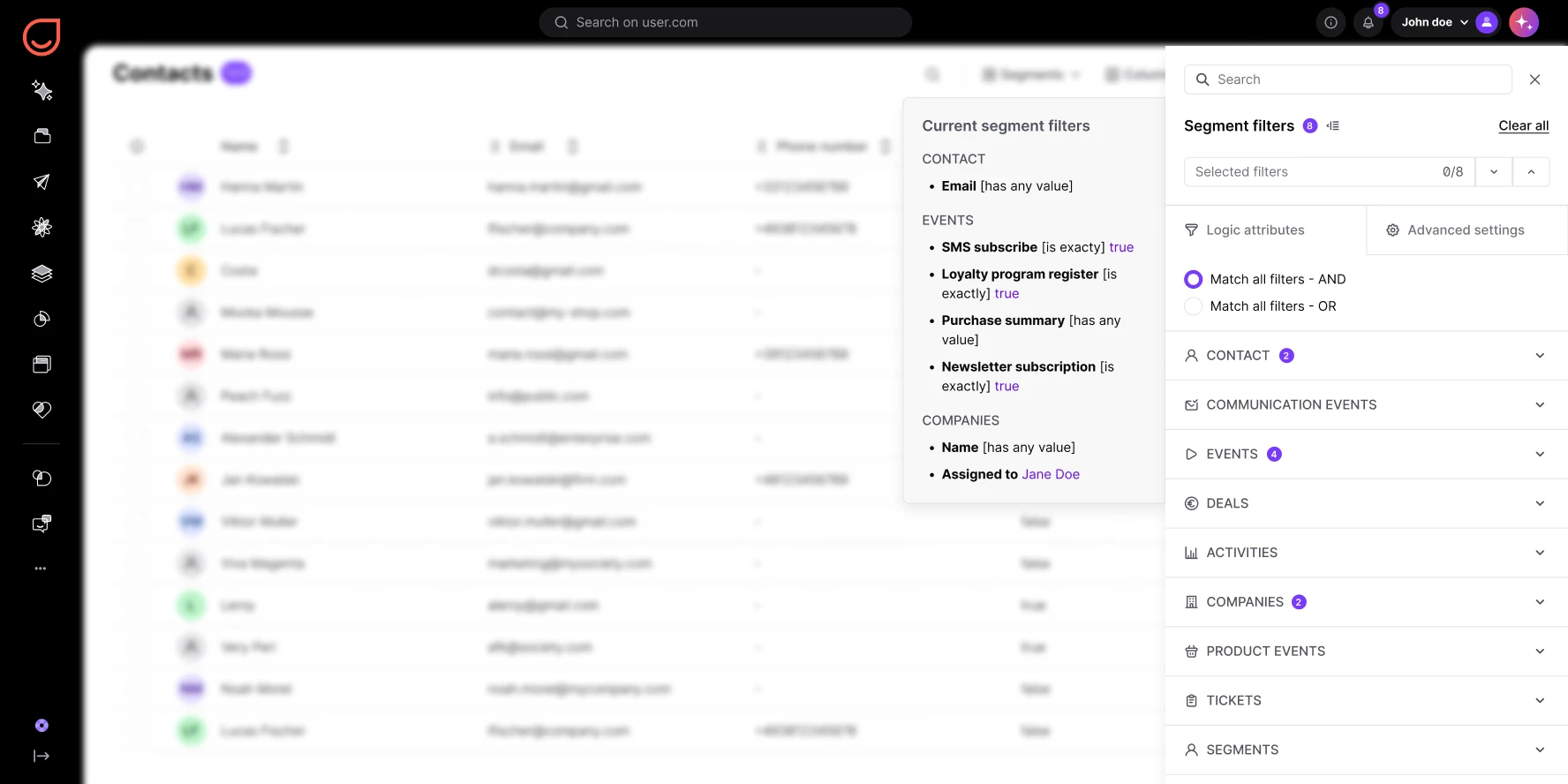 User interface showing contact list with filters applied for email, events, and company assignments.